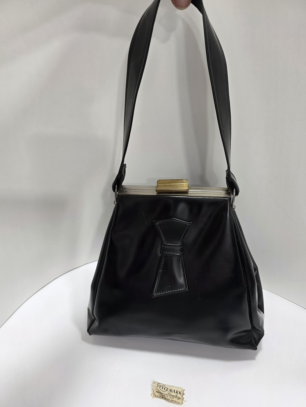 Vintage Black Patent Frame Shoulder Bag with Bow Accent By Stylemark